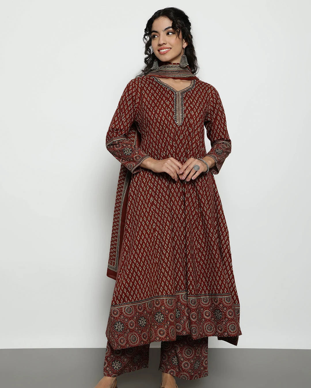 Maroon Ajrakh Printed Panelled Anarkali Suit