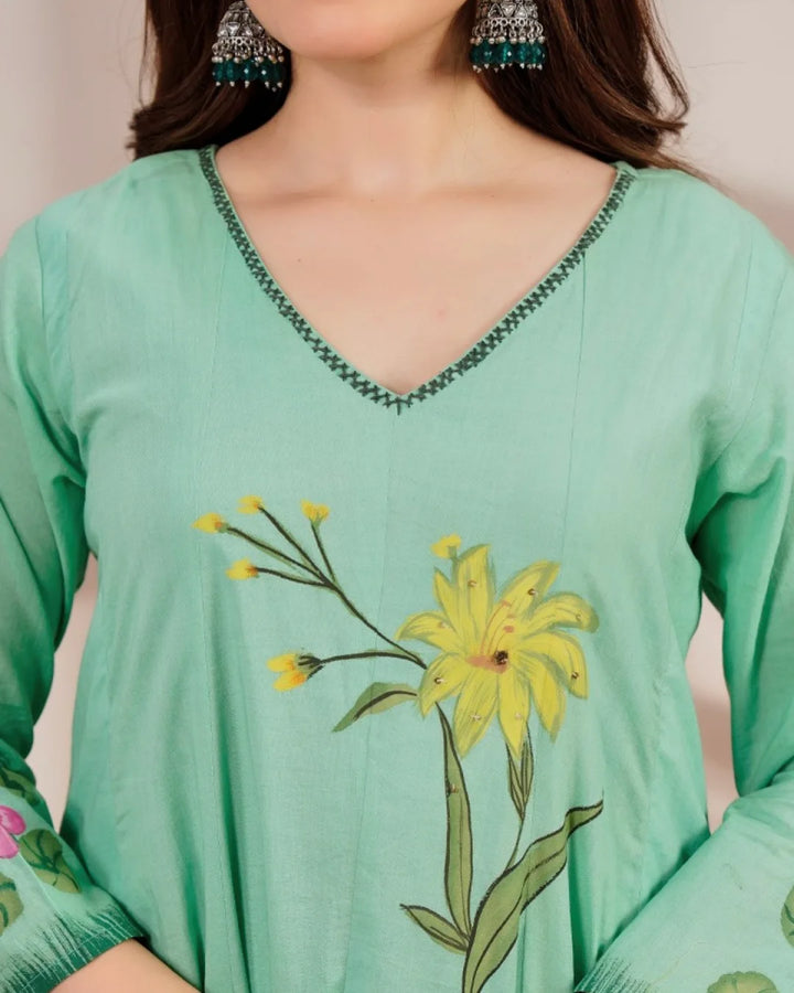 Mint Green Floral Hand Painted Shoulder Anarkali Suit