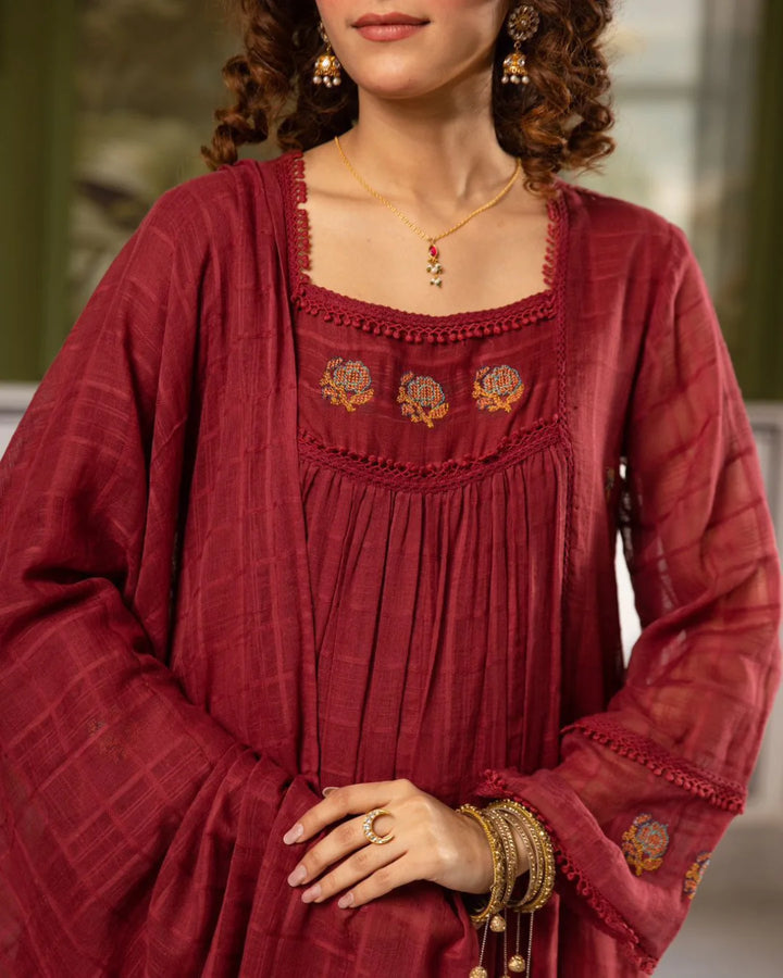 Wine Maroon Cross Stitch Embroidery A-Line Suit