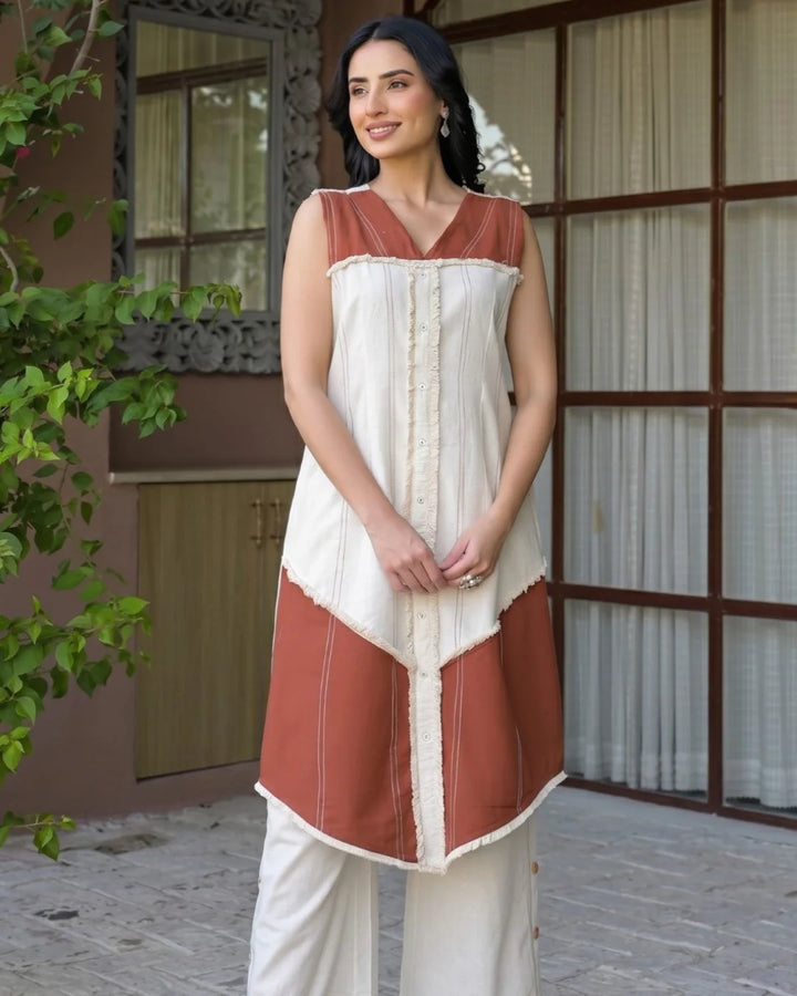 Cream Brick Red Buttoned Flex Cotton Co-ord Set