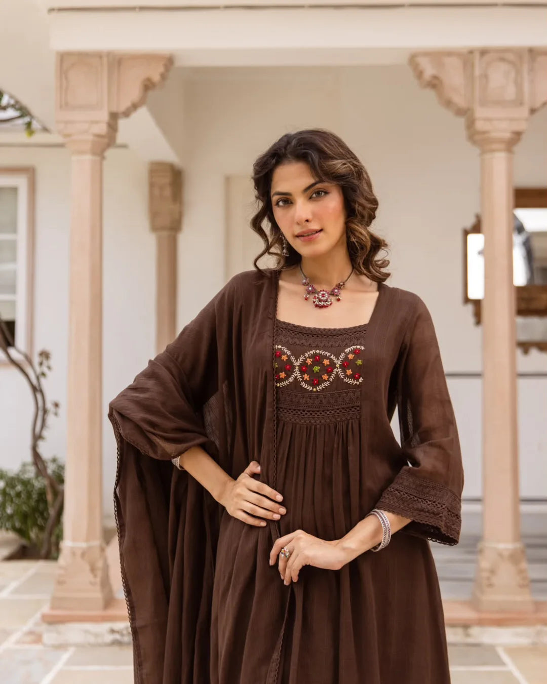Dark Chocolate Brown Floral Embroidery Mul Kota Suit Set