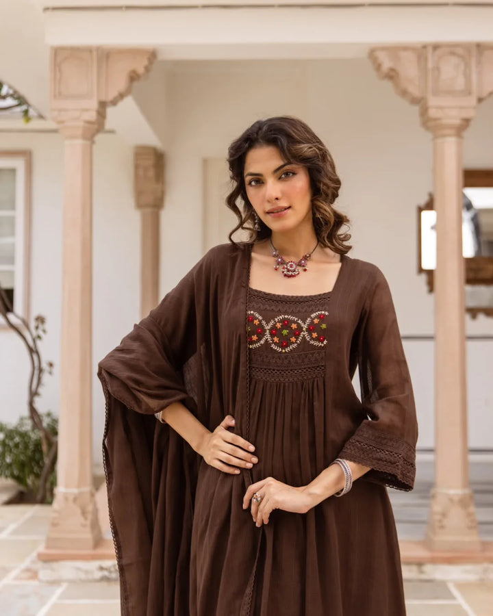 Dark Chocolate Brown Floral Embroidery Mul Kota Suit Set