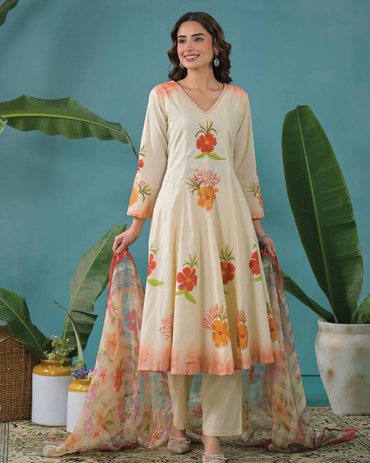 Cream Beige Floral Hand Painted Flared Anarkali Suit
