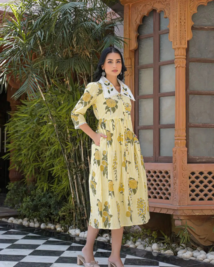 Butter Yellow Striped A-line Dress with Peter Pan Collar