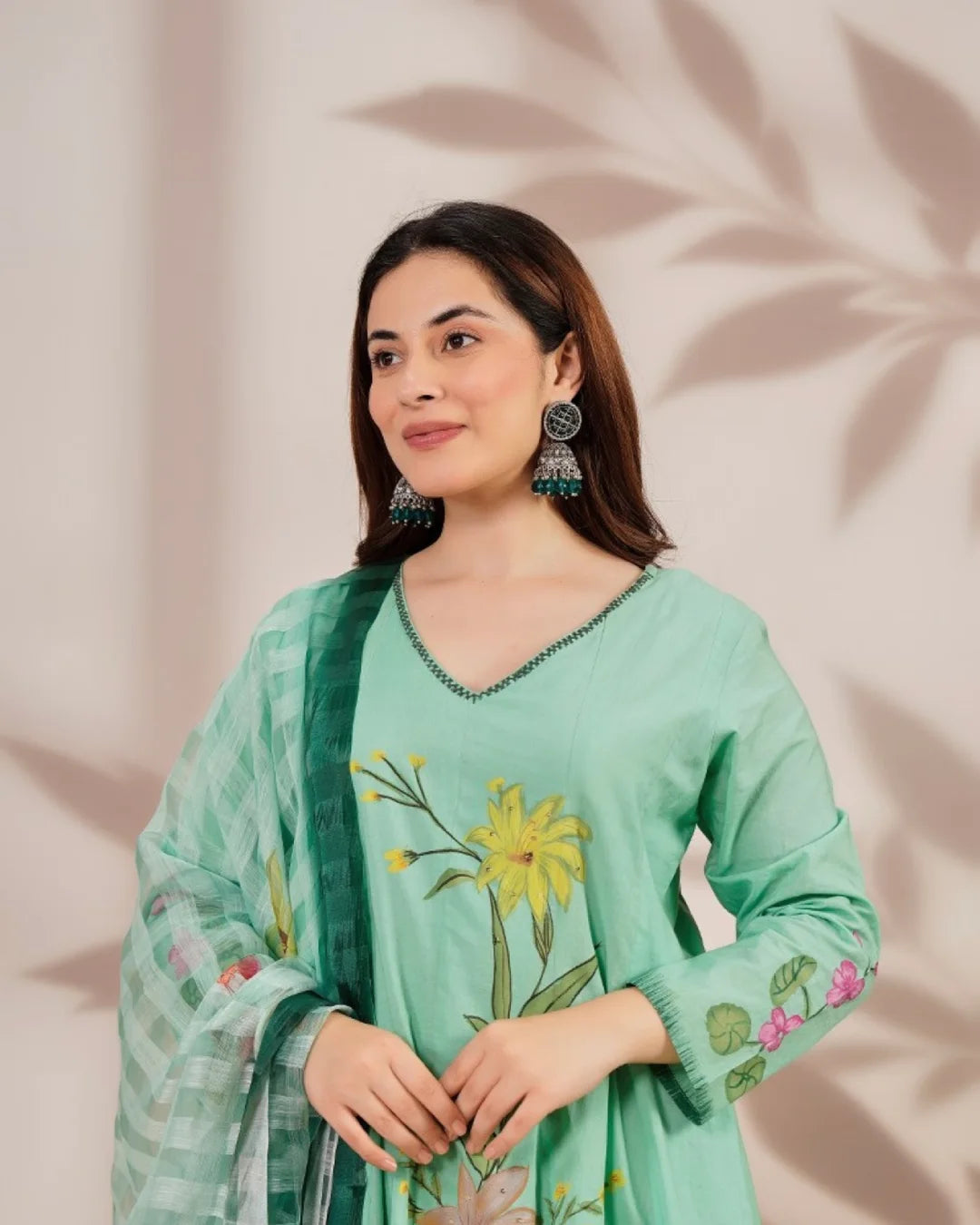 Mint Green Floral Hand Painted Shoulder Anarkali Suit