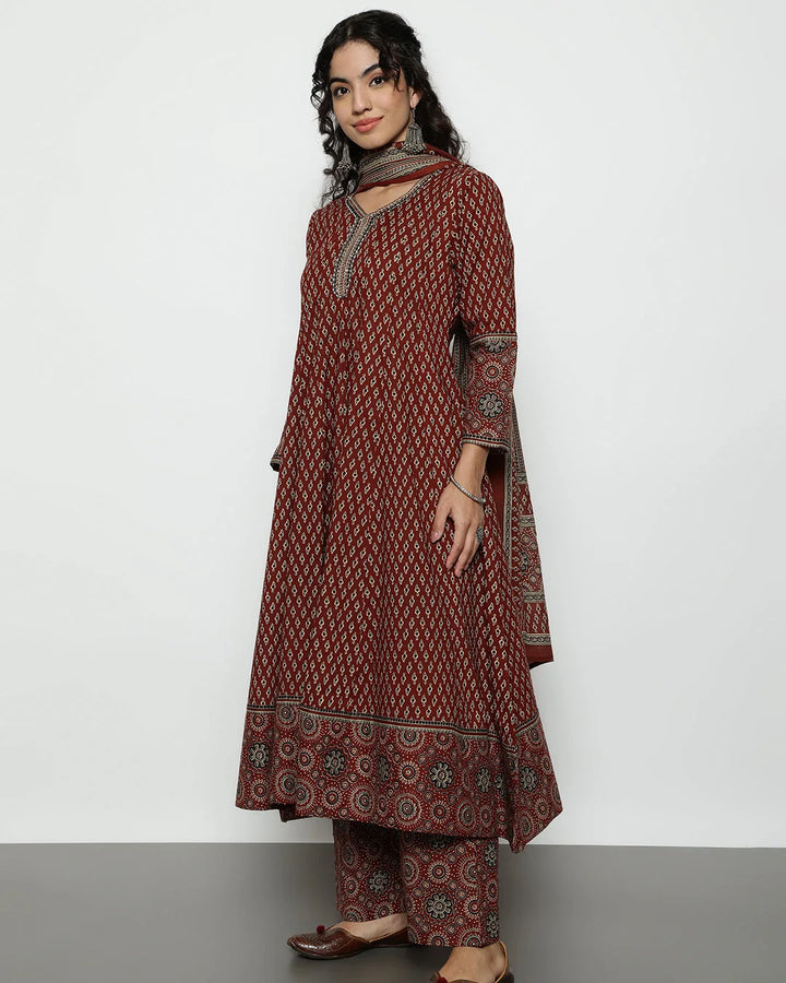 Maroon Ajrakh Printed Panelled Anarkali Suit