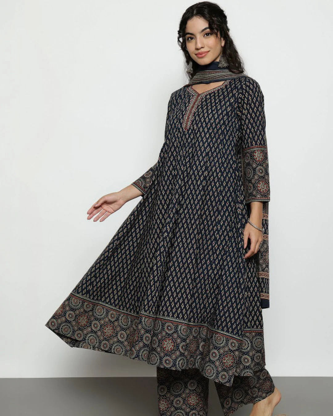 Navy Blue Ajrakh Printed Panelled Anarkali Suit