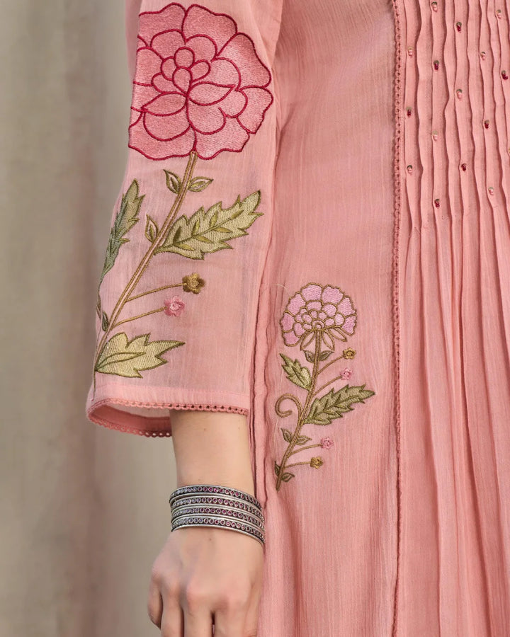 Dusty Pink Floral Embroidered Pleated Semi Anarkali Suit