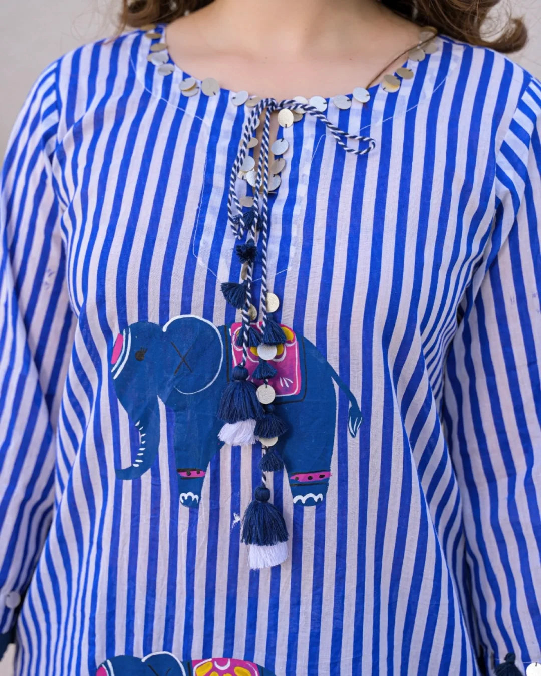 Royal Blue White Striped Elephant Hand Painted Cotton Co-ord Set