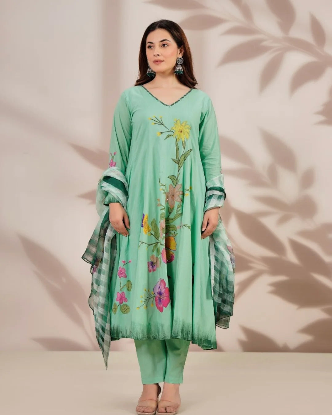 Mint Green Floral Hand Painted Shoulder Anarkali Suit