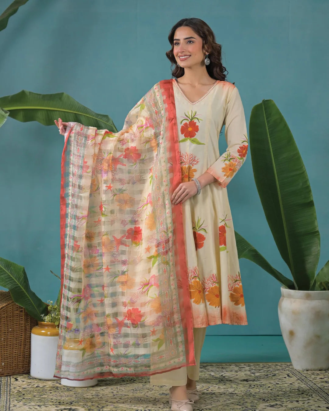 Cream Beige Floral Hand Painted Flared Anarkali Suit