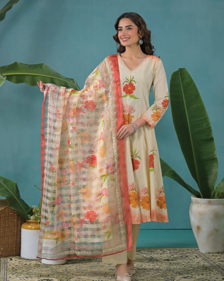 Cream Beige Floral Hand Painted Flared Anarkali Suit