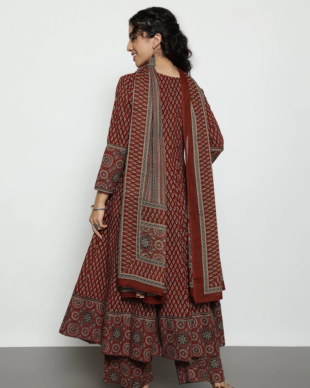 Maroon Ajrakh Printed Panelled Anarkali Suit