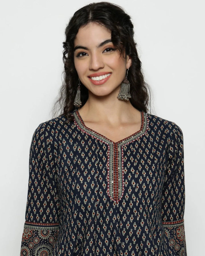 Navy Blue Ajrakh Printed Panelled Anarkali Suit