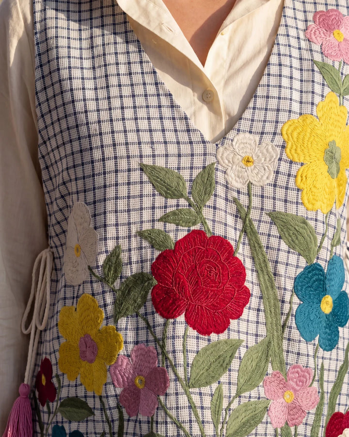 Cream Beige Cotton Shirt with Jute Cotton Floral Shrug Co-ord Set