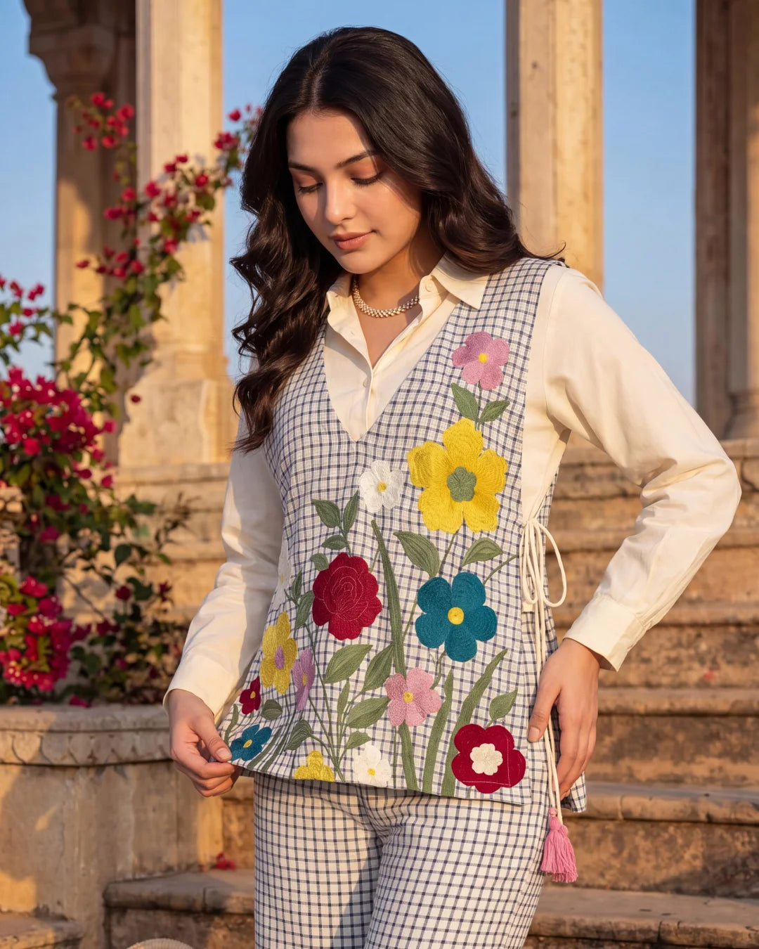 Cream Beige Cotton Shirt with Jute Cotton Floral Shrug Co-ord Set