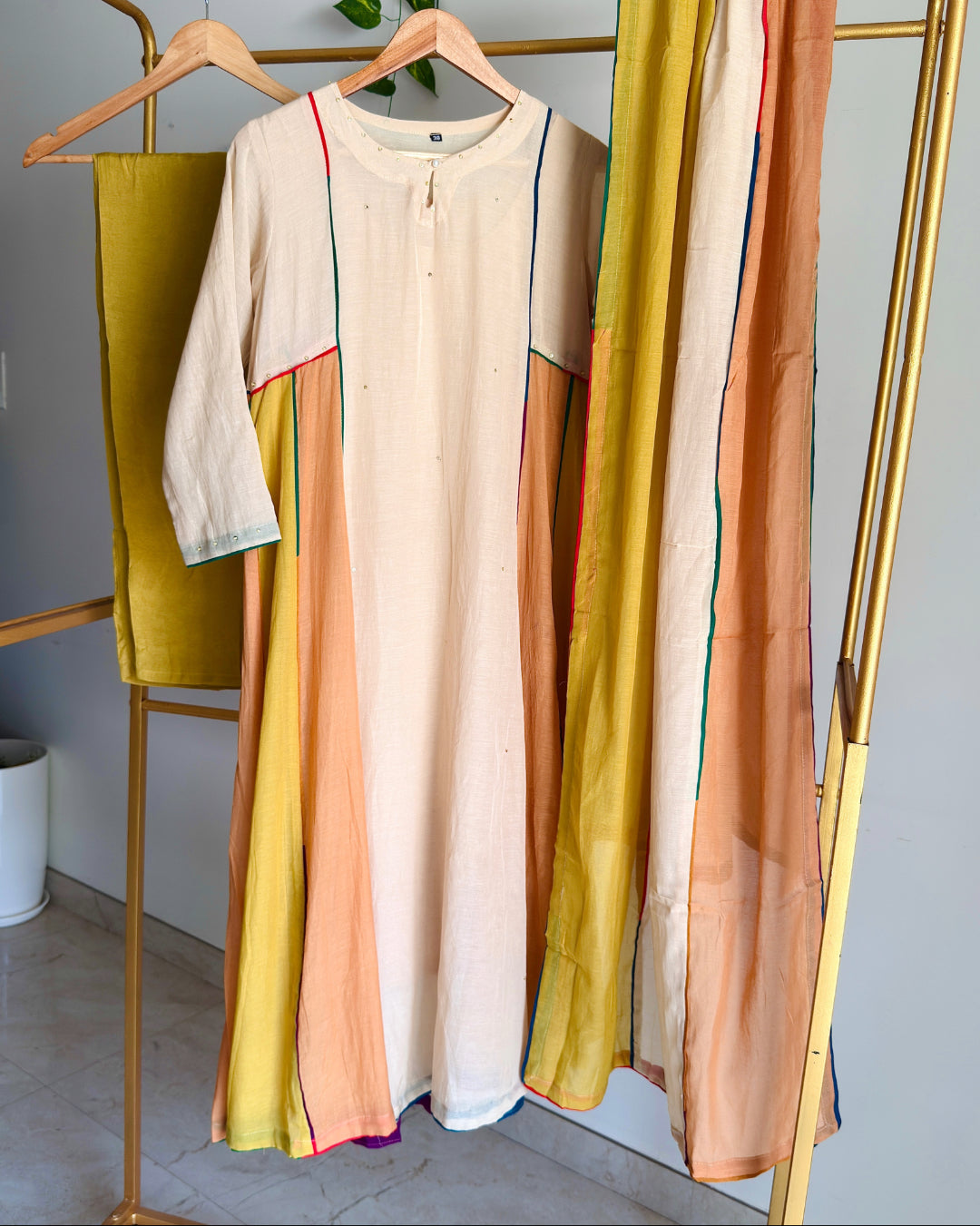 Beige Banaras Chanderi Suit Set with Multicolour Chanderi Dupatta