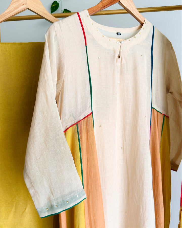 Beige Banaras Chanderi Suit Set with Multicolour Chanderi Dupatta