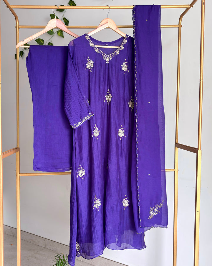 Pure Banaras Chanderi Deep Royal Purple Handwork Suit