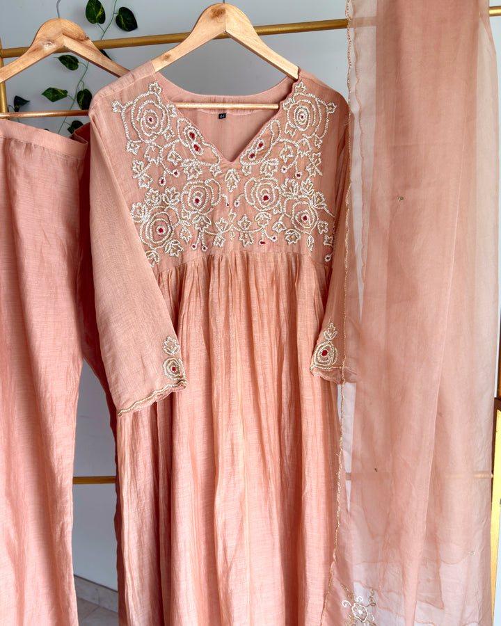 Dusty Peach Pure Banaras Chanderi TubeLight Zardosi Handwork Suit
