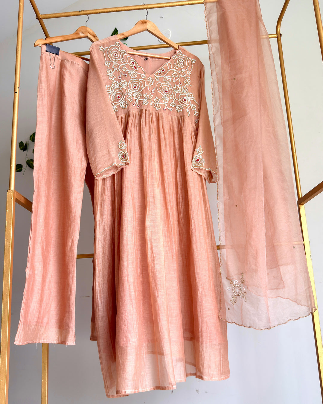 Dusty Peach Pure Banaras Chanderi TubeLight Zardosi Handwork Suit