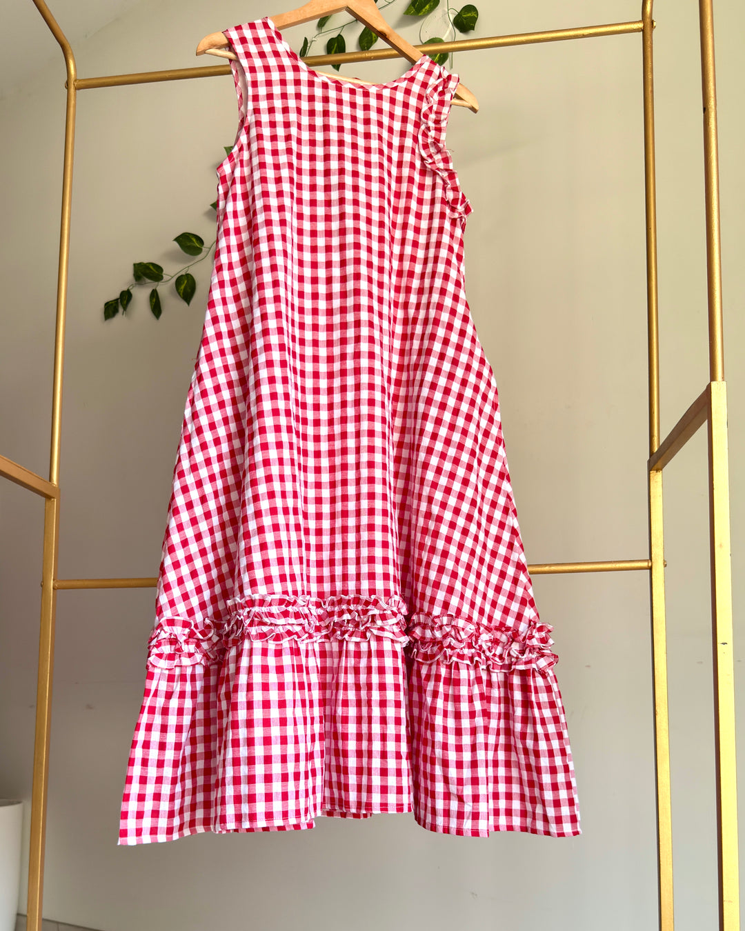 Cotton Checked Red Back Tie Strap Dress