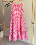 Cotton Checked Red Back Tie Strap Dress