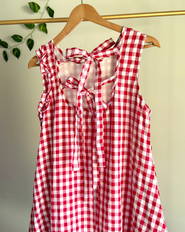 Cotton Checked Red Back Tie Strap Dress