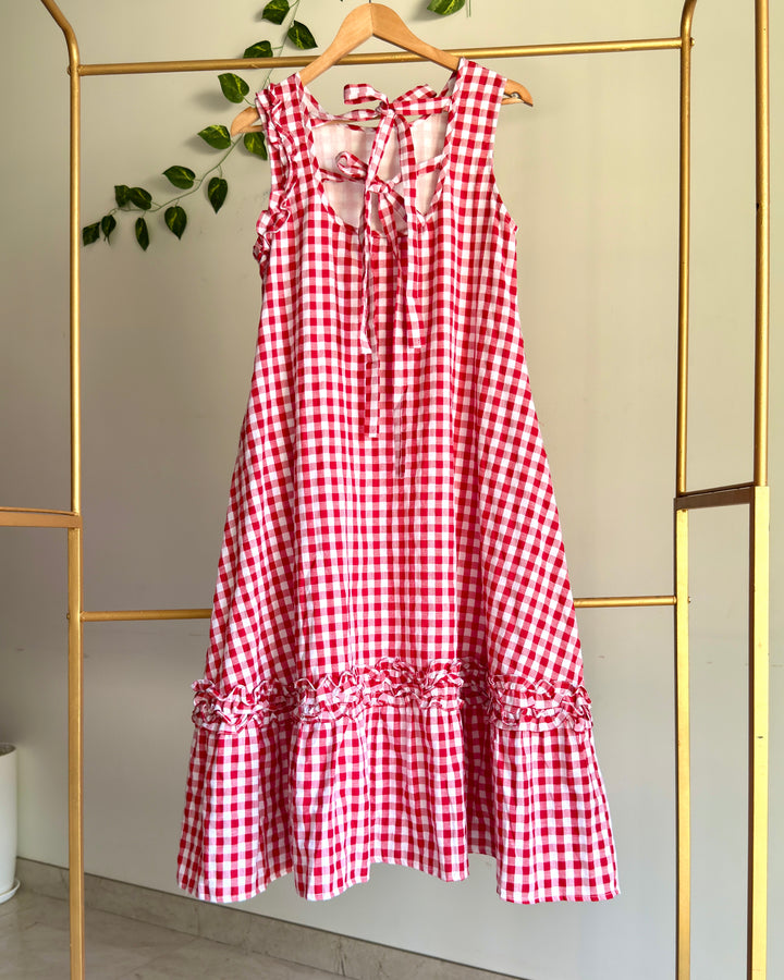 Cotton Checked Red Back Tie Strap Dress