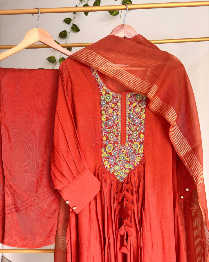 Pure Banaras Chanderi Terracotta Rust 3D Handworked Suit