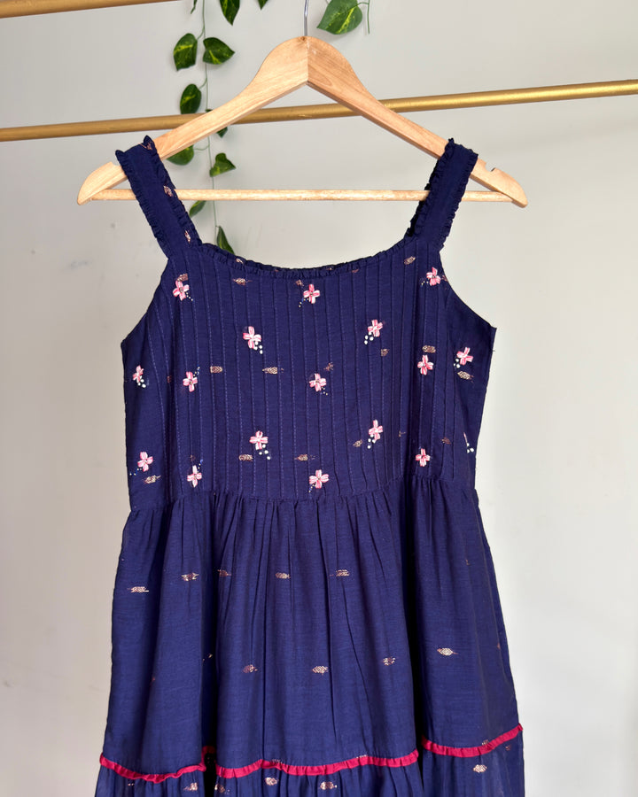 Pure Jamdani Cotton Navy Blue Embroidered Dress