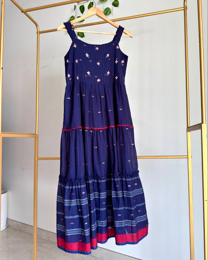 Pure Jamdani Cotton Navy Blue Embroidered Dress