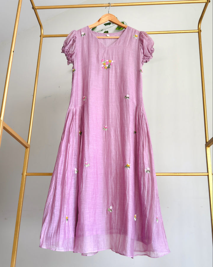 Dusty Lilac Pure Banaras Chanderi Floral Hand Embroidery Dress
