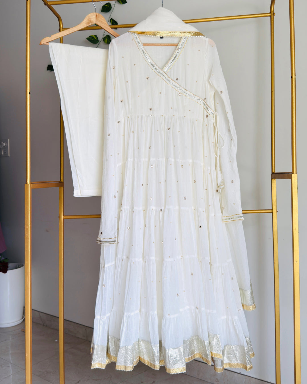 Ivory Mulmul Angrakha Anarkali Suit Set with Gota Work Dupatta