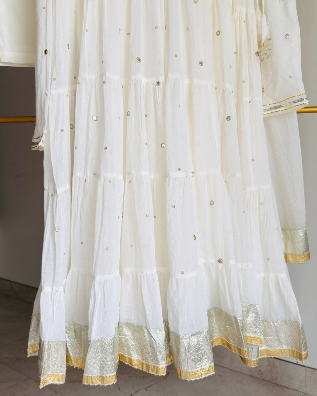 Ivory Mulmul Angrakha Anarkali Suit Set with Gota Work Dupatta