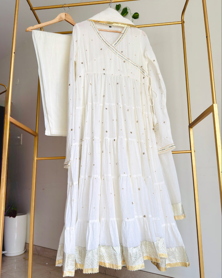 Ivory Mulmul Angrakha Anarkali Suit Set with Gota Work Dupatta