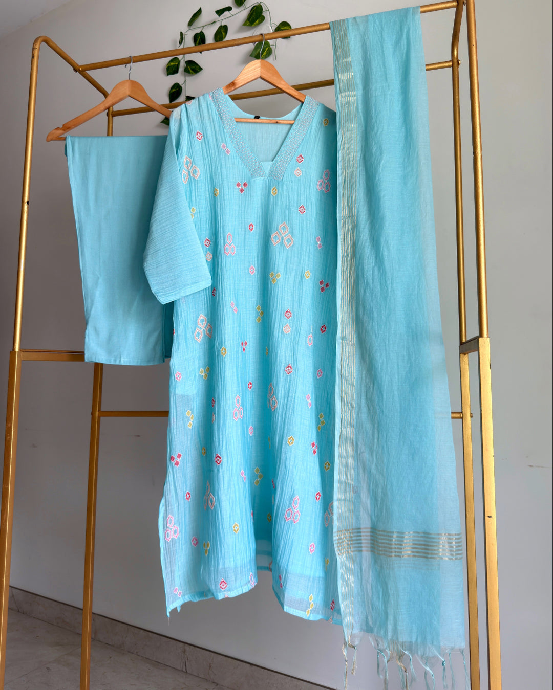 Pure Banaras Chanderi Ice Blue Crushed Suit Set