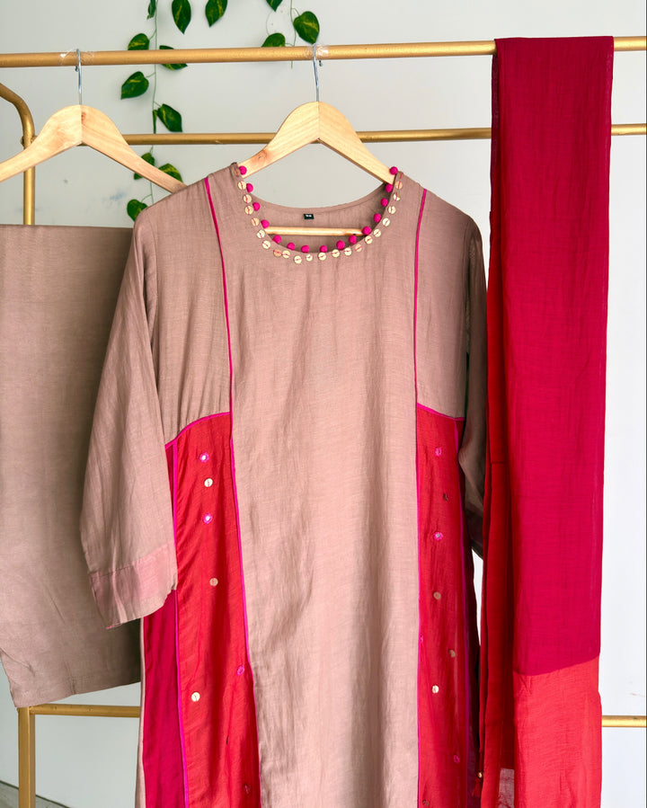 Taupe Beige Banaras Chanderi Suit Set With Multicolour Chanderi Dupatta