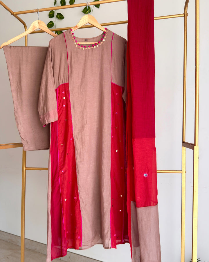 Taupe Beige Banaras Chanderi Suit Set With Multicolour Chanderi Dupatta