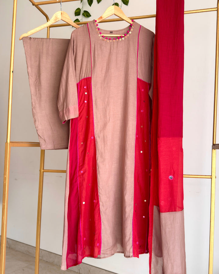 Taupe Beige Banaras Chanderi Suit Set With Multicolour Chanderi Dupatta
