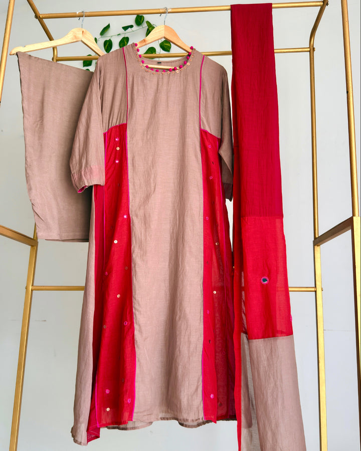 Taupe Beige Banaras Chanderi Suit Set With Multicolour Chanderi Dupatta
