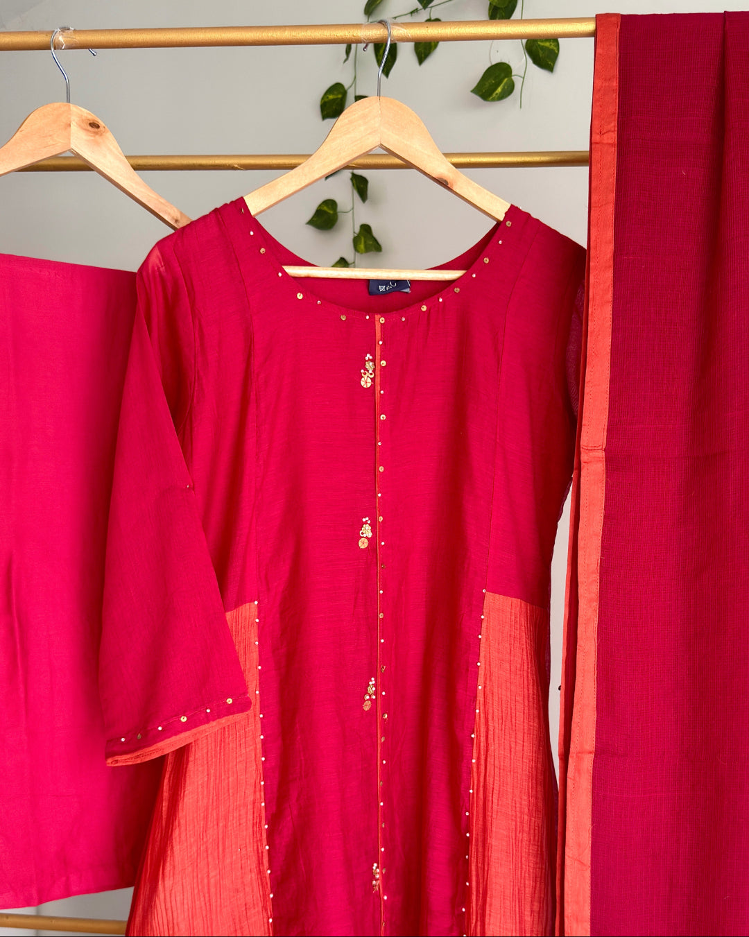 Red and Orange Banaras Chanderi Suit Set with Chanderi Dupatta