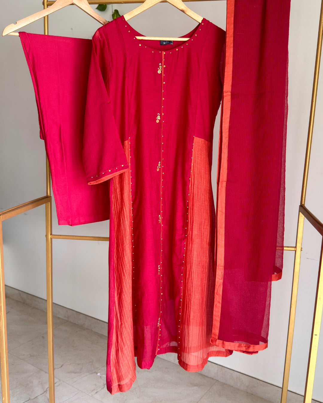 Red and Orange Banaras Chanderi Suit Set with Chanderi Dupatta