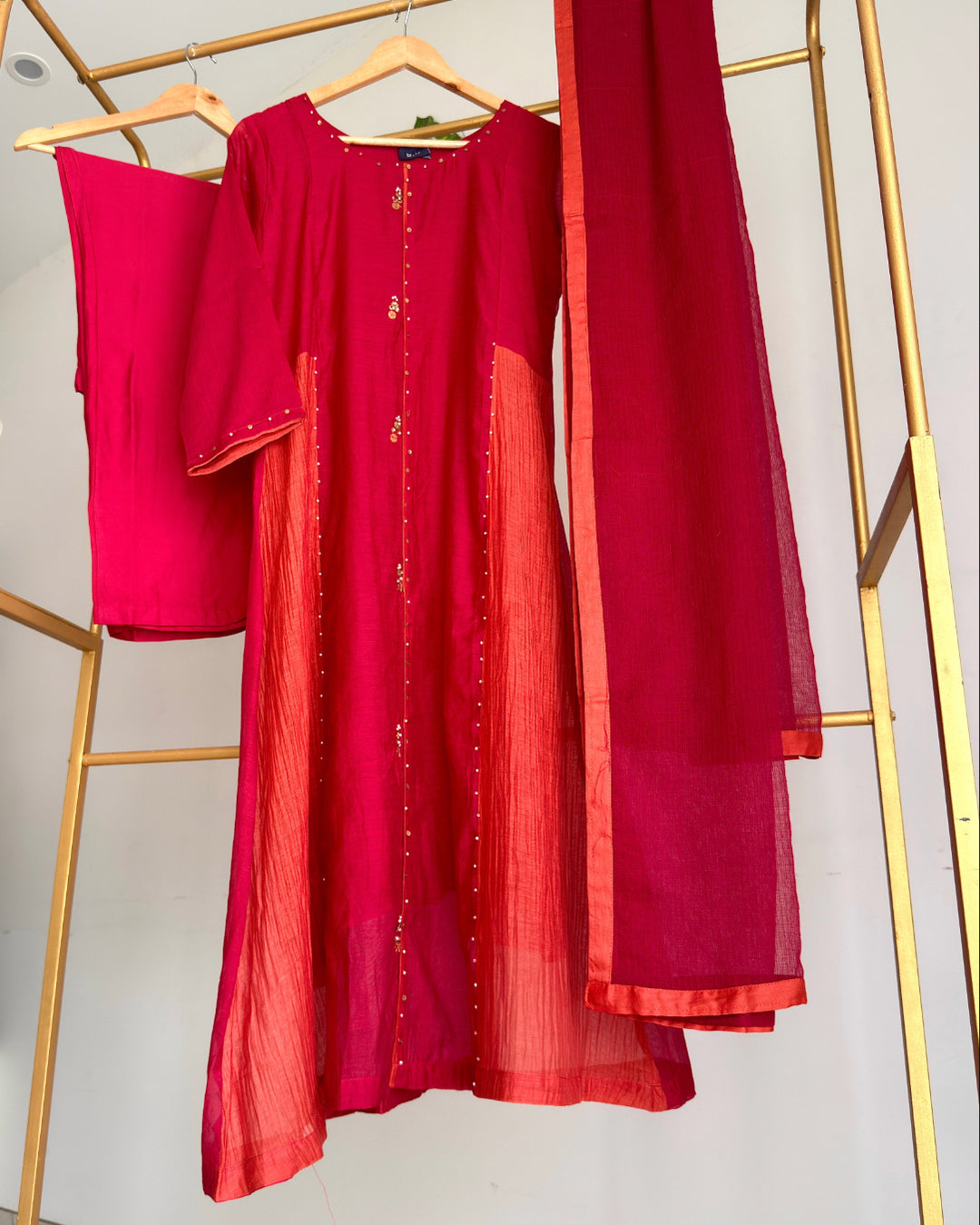 Red and Orange Banaras Chanderi Suit Set with Chanderi Dupatta