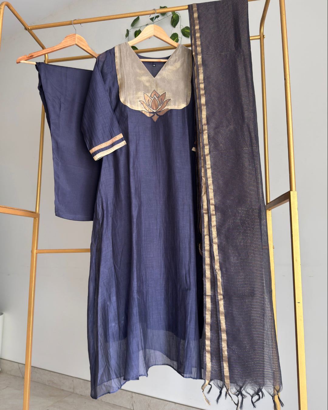 Pure Banaras Chanderi Smoky Blue Lotus Applique Zari Suit