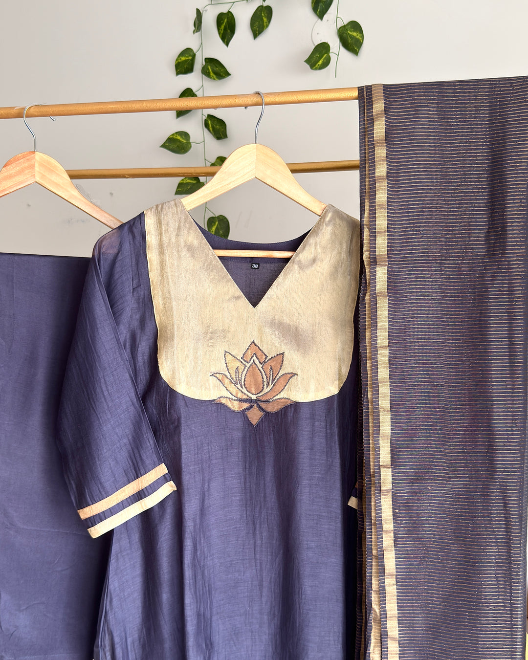 Pure Banaras Chanderi Smoky Blue Lotus Applique Zari Suit