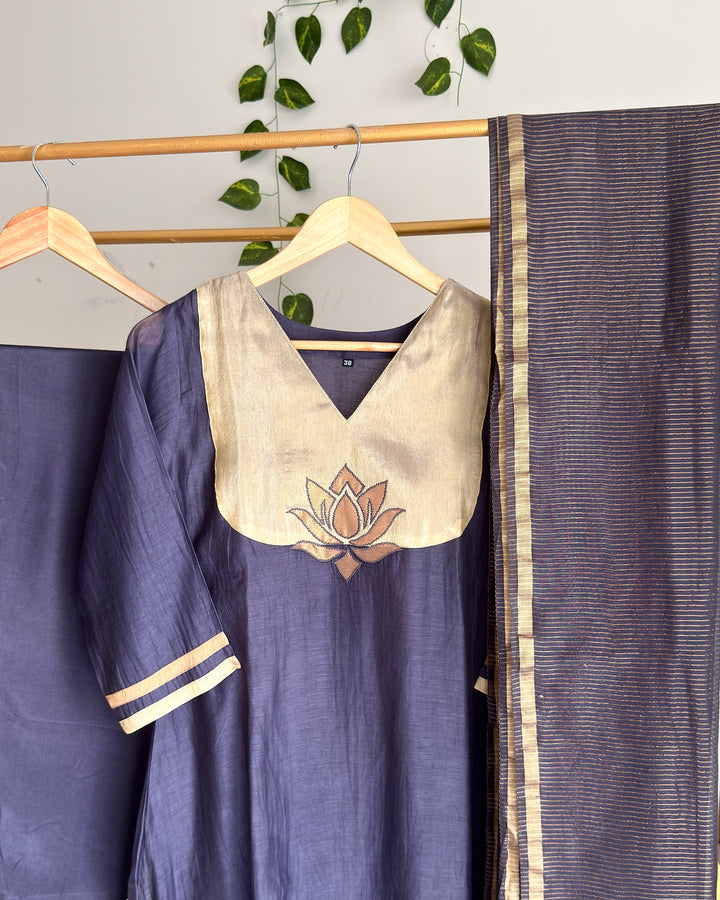 Pure Banaras Chanderi Smoky Blue Lotus Applique Zari Suit