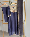Pure Banaras Chanderi Smoky Blue Lotus Applique Zari Suit