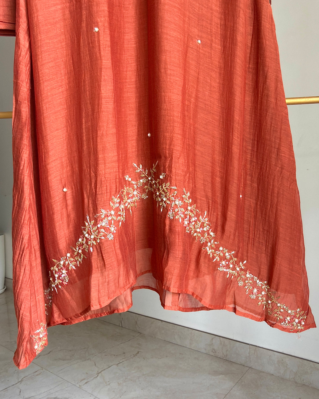 Pure Banaras Chanderi Terracotta Rust Daman Suit