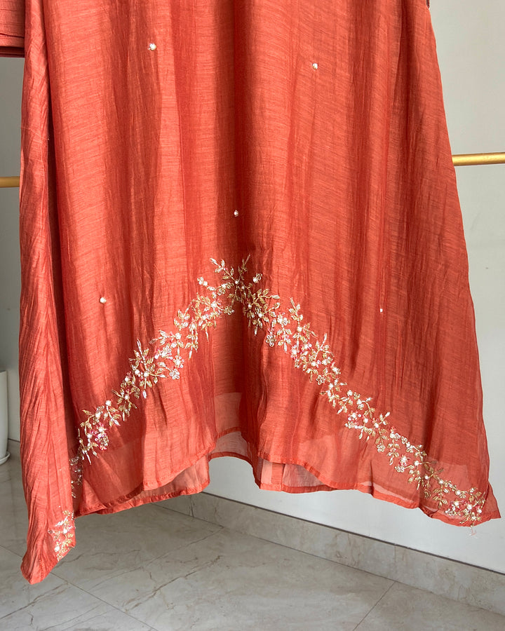 Pure Banaras Chanderi Terracotta Rust Daman Suit